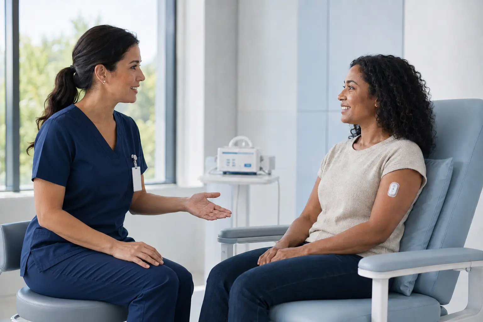 A research nurse speaks with a clinical trial participant wearing a discreet upper-arm sensor.
